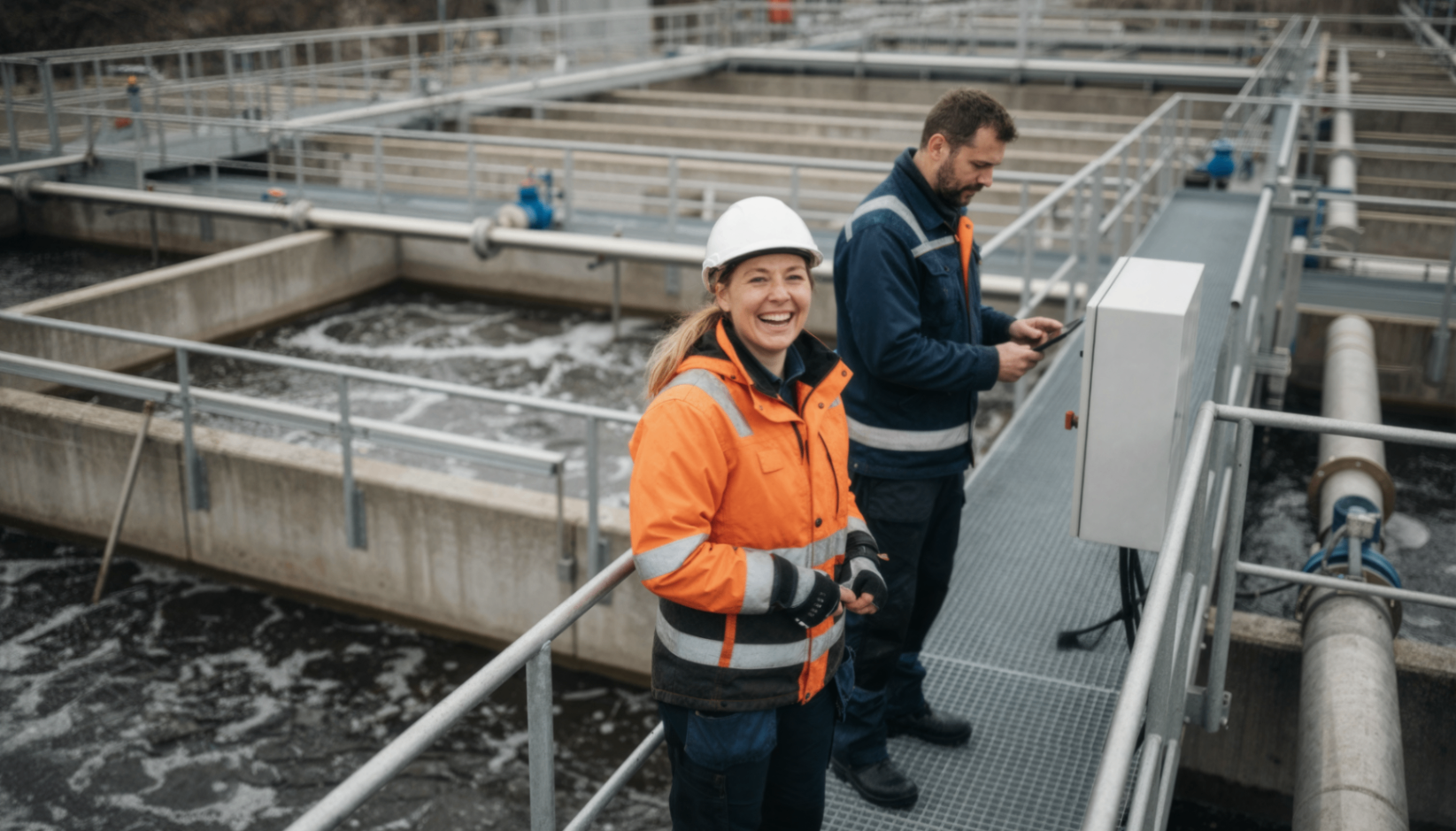 Two people standing in a water treatment facility