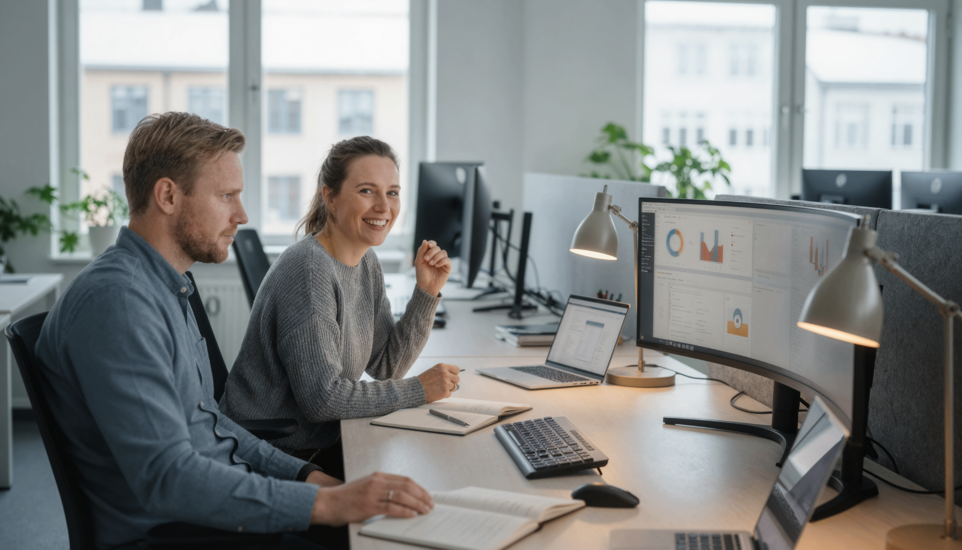Two colleagues reviewing operational dashboards on screens in an office