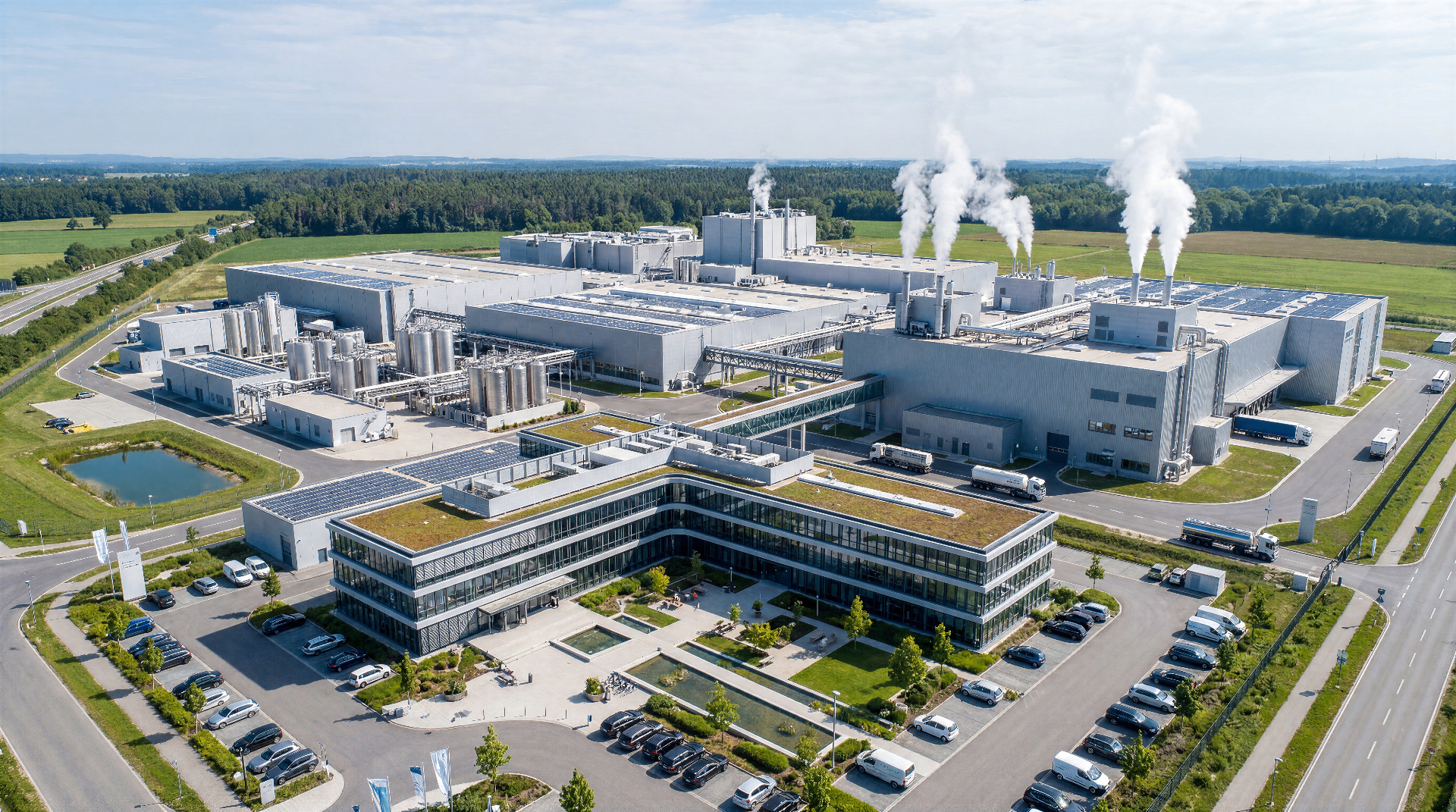 Exterior view of a Life Science production site with interactive points