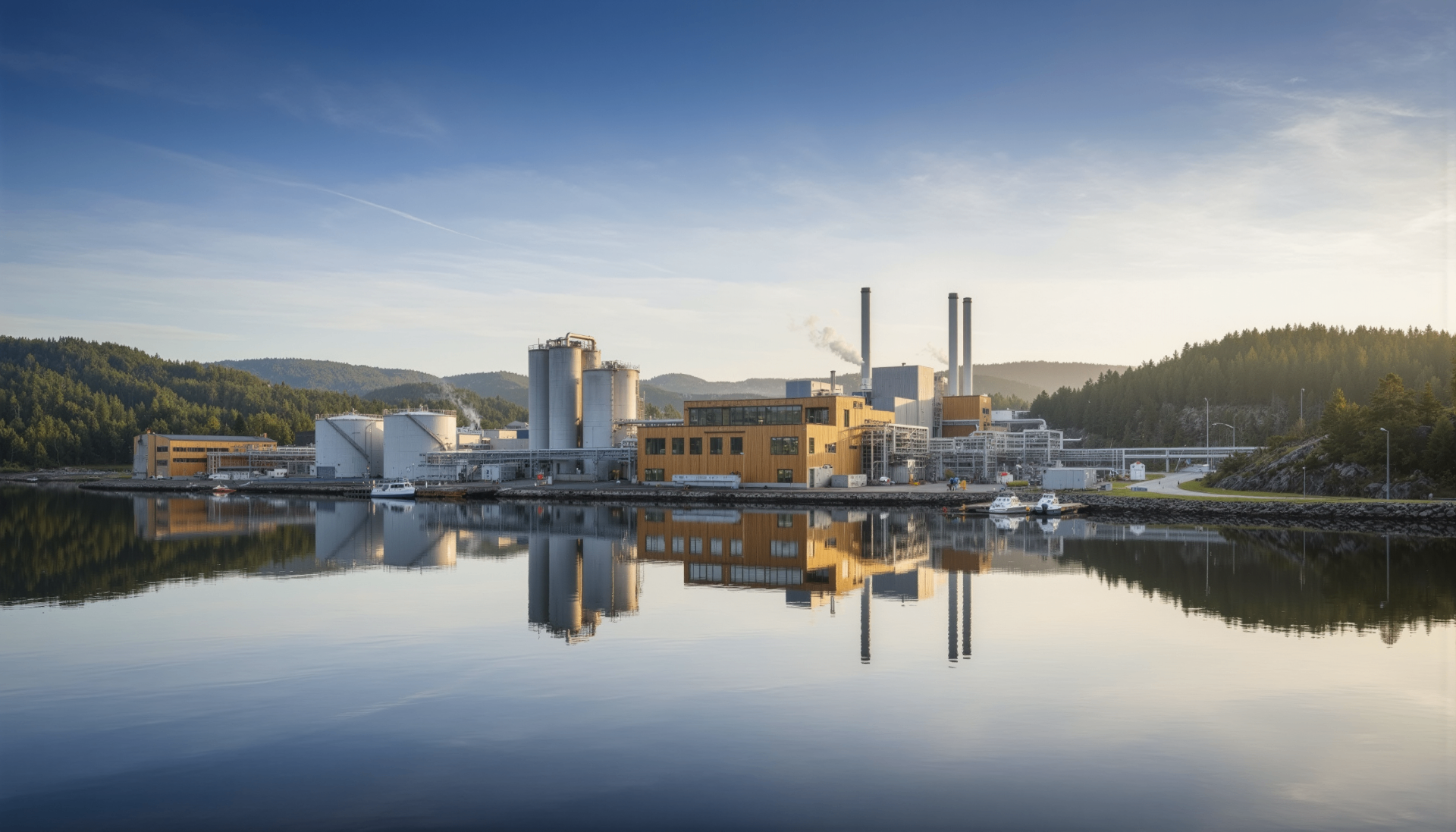 Industrial site on a calm waterfront with reflections at golden hour