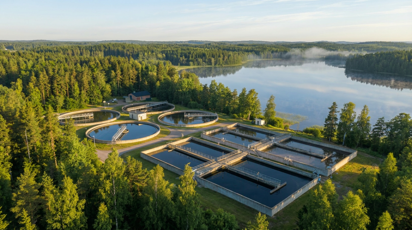 Aerial view of a water treatment plant with interactive points