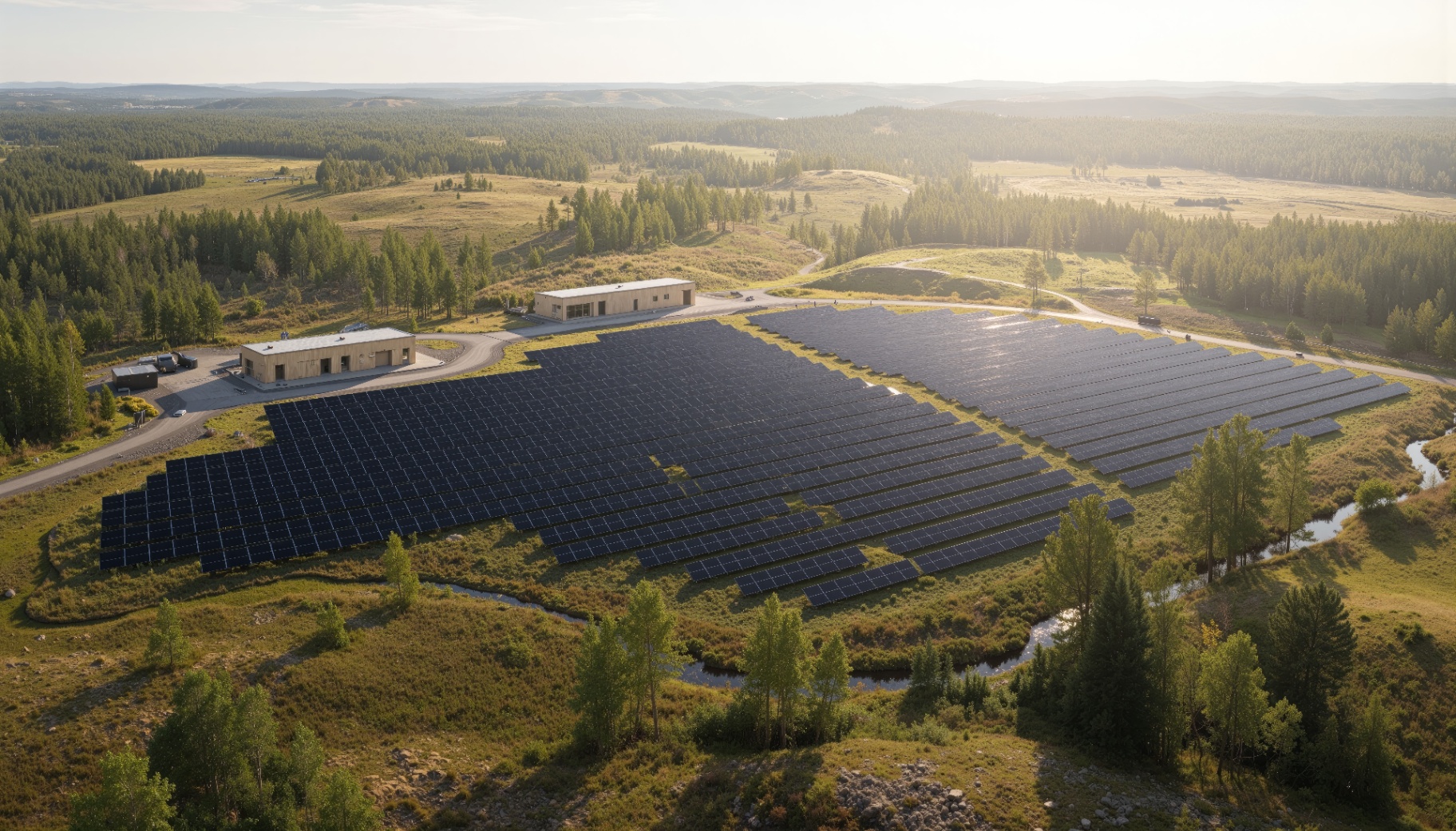 Aerial view of a solar power plant surrounded by forest and meadows
