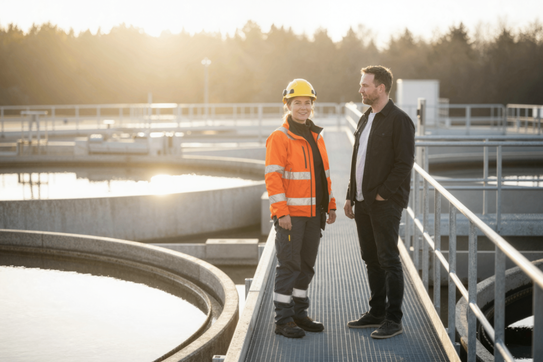 Two people on a water treatment plant walkway at sunset