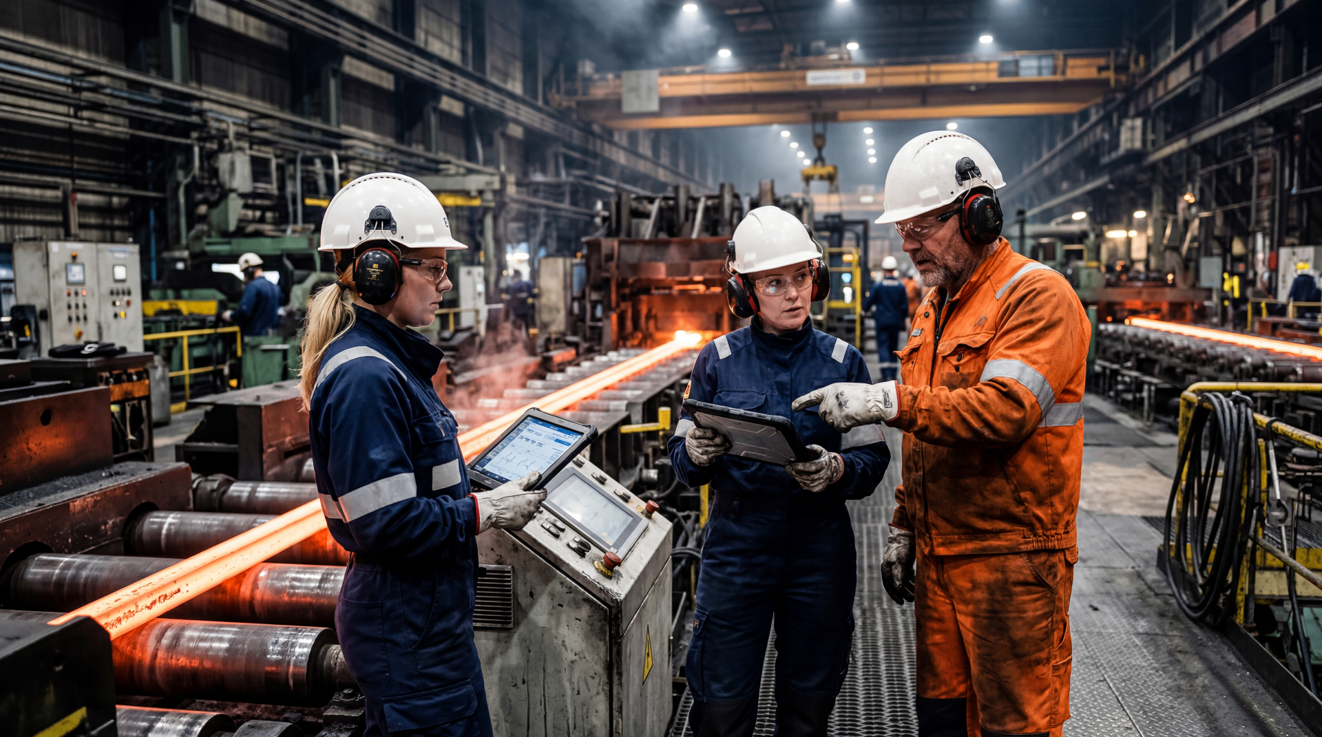 Two industrial workers at a control cabinet in front of process equipment