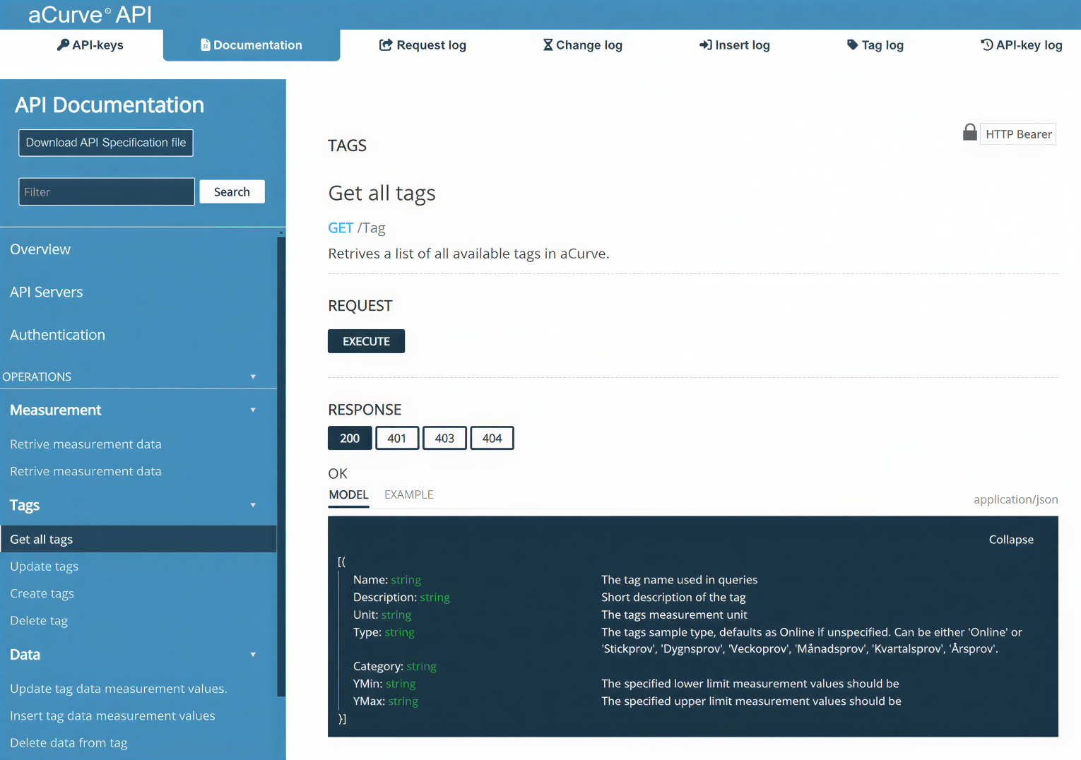 aCurve API documentation for the Get all tags endpoint with an executable request and a response example
