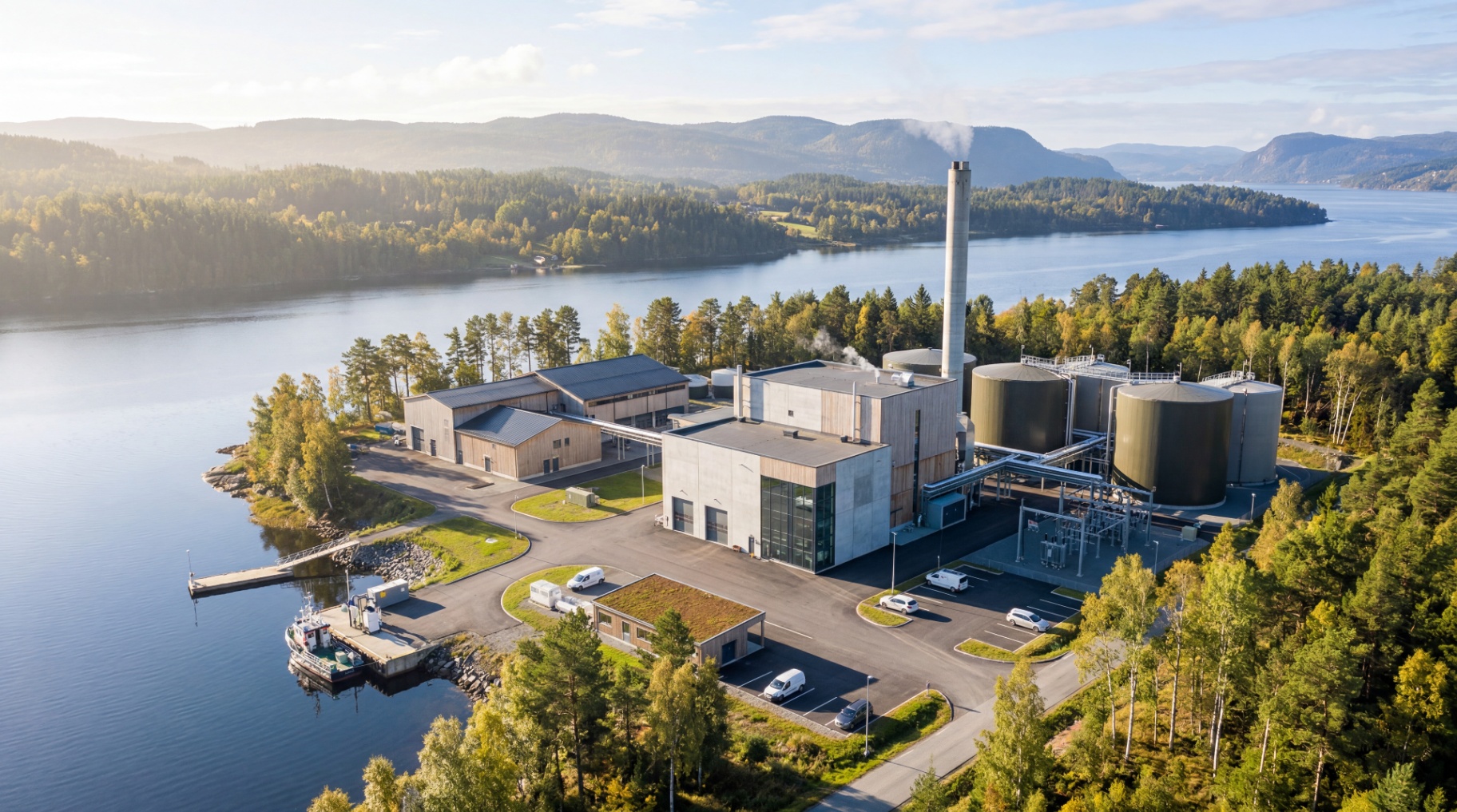 Aerial view of an industrial facility on a forested shoreline