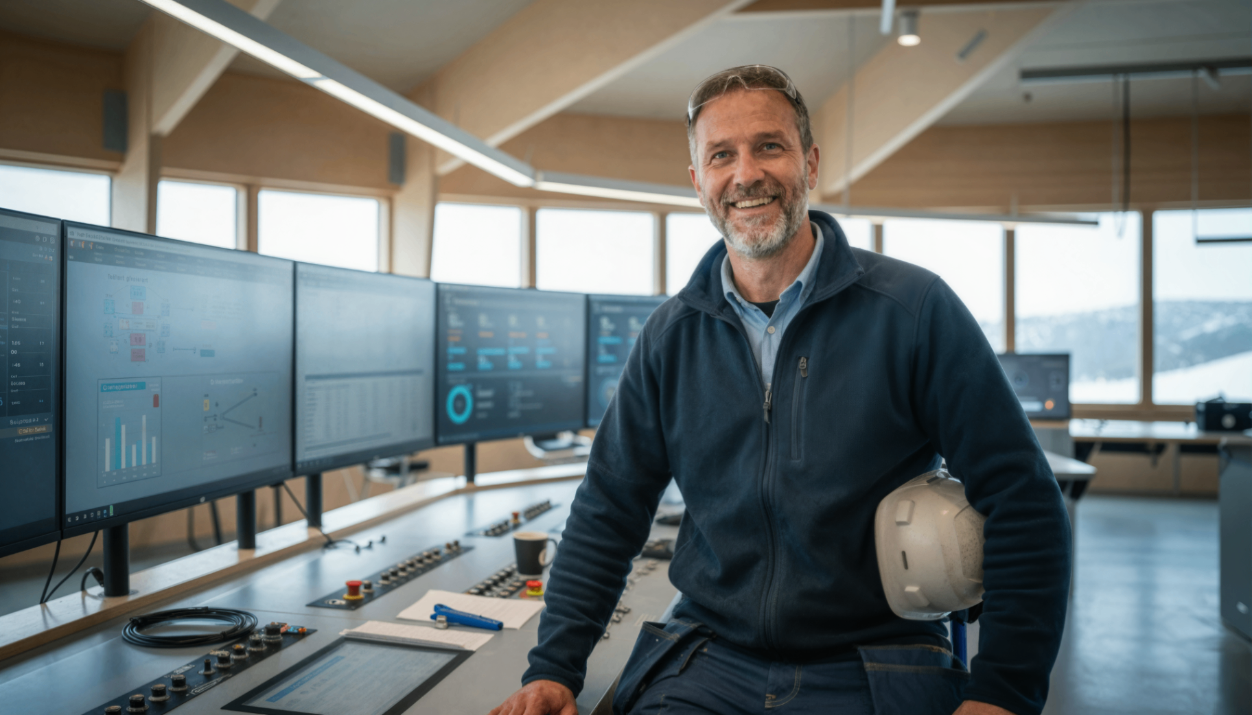 Operator in a control room with multiple monitors showing operational dashboards