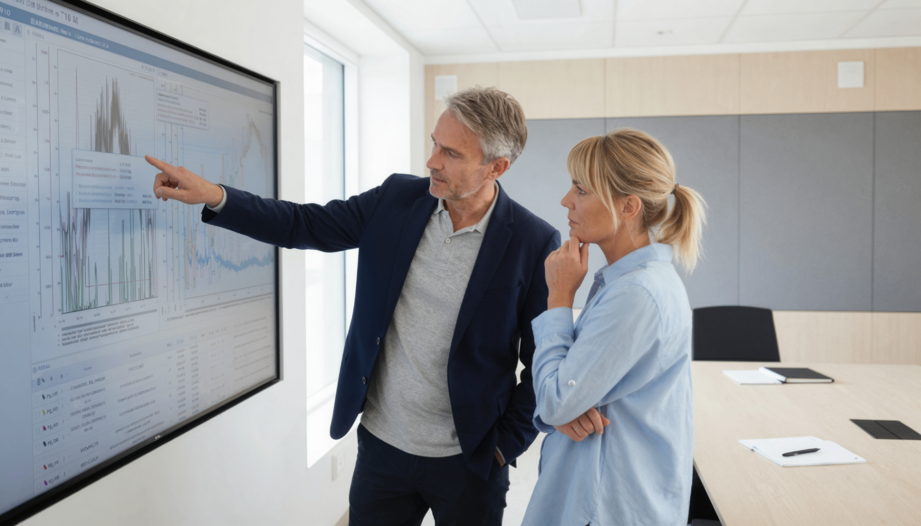 Two colleagues reviewing process charts on a large display