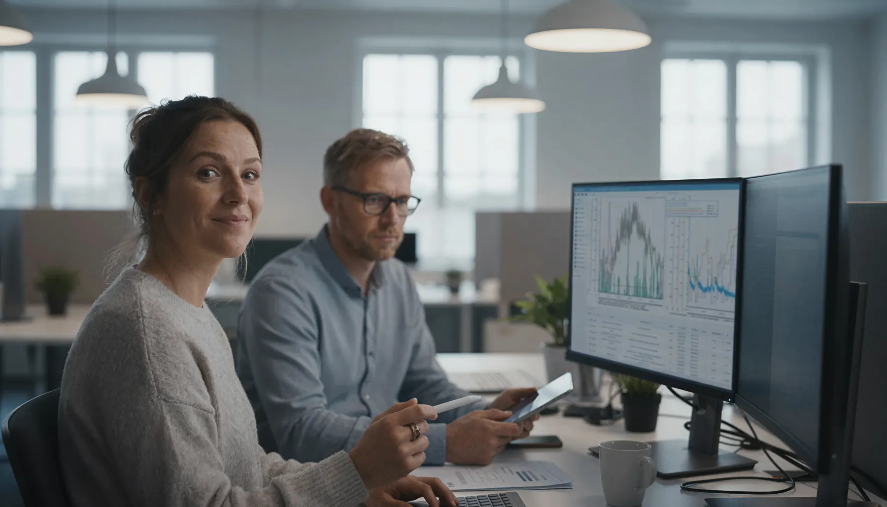 Two colleagues reviewing aCurve dashboards in an office