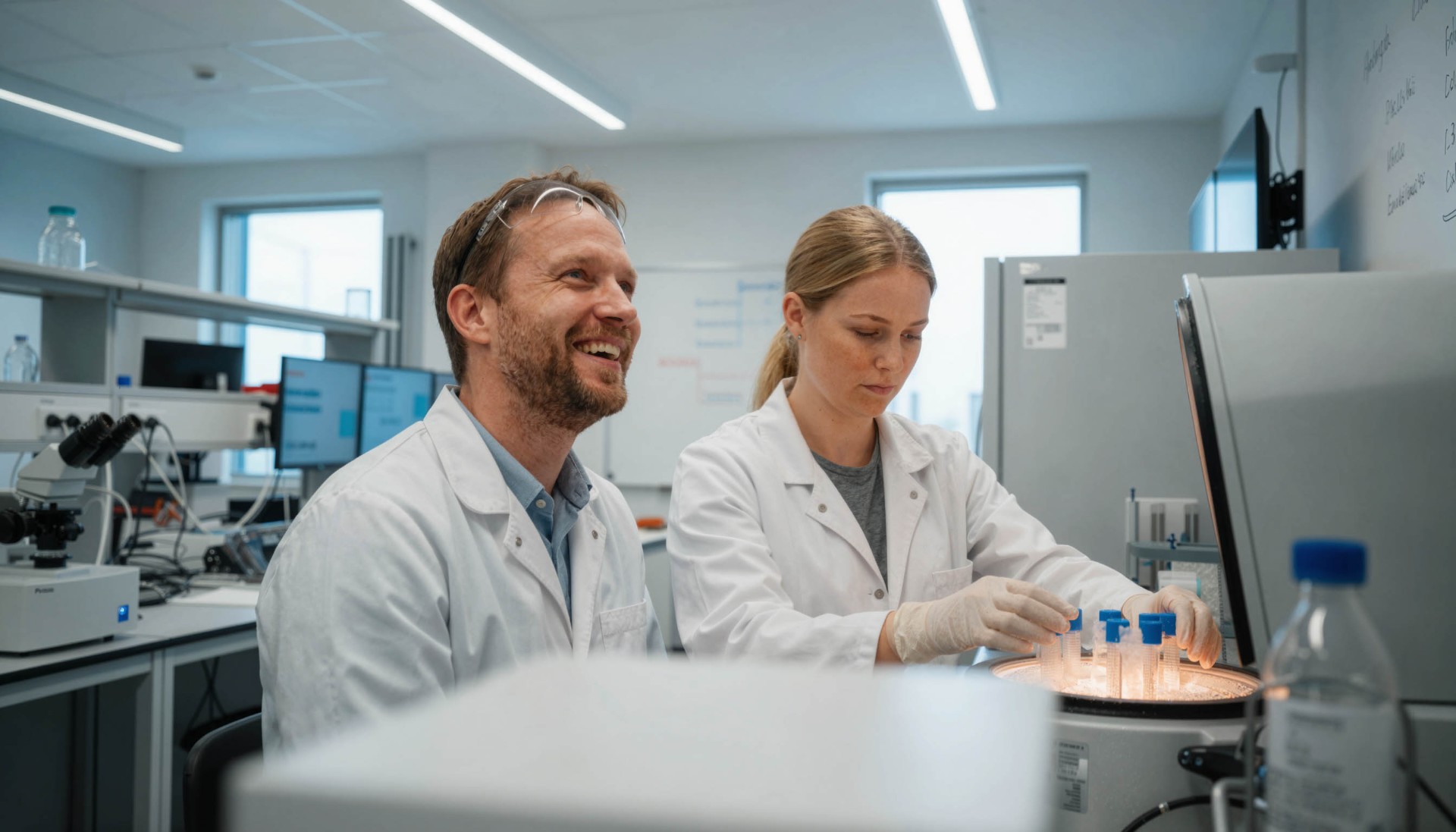 Operators reviewing production data together in a Life Science facility