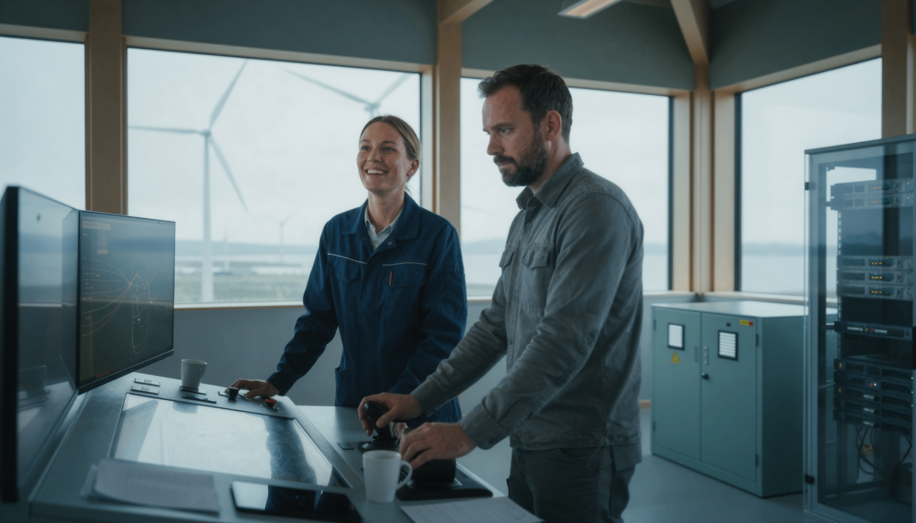 Two operators at a control desk in a wind farm control room