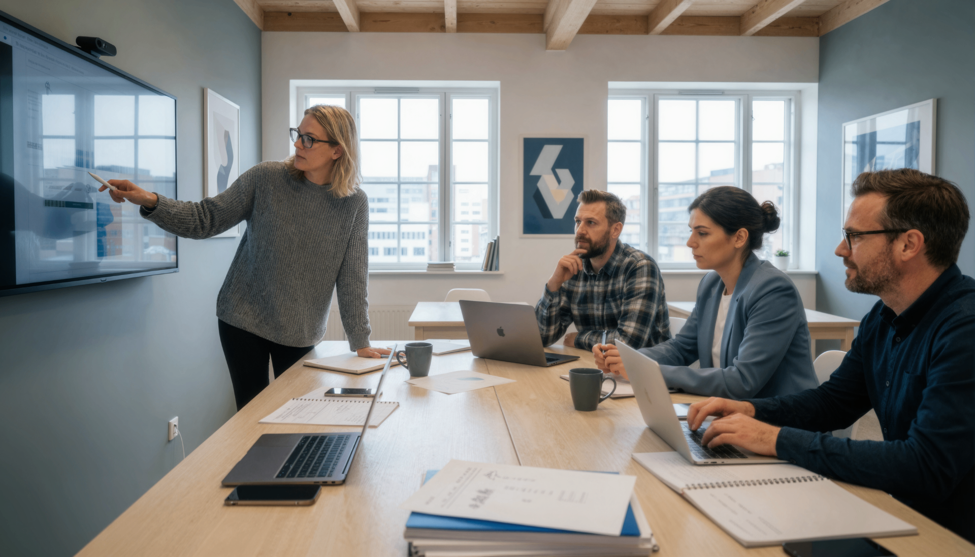 Team reviewing dashboards together in a bright meeting room