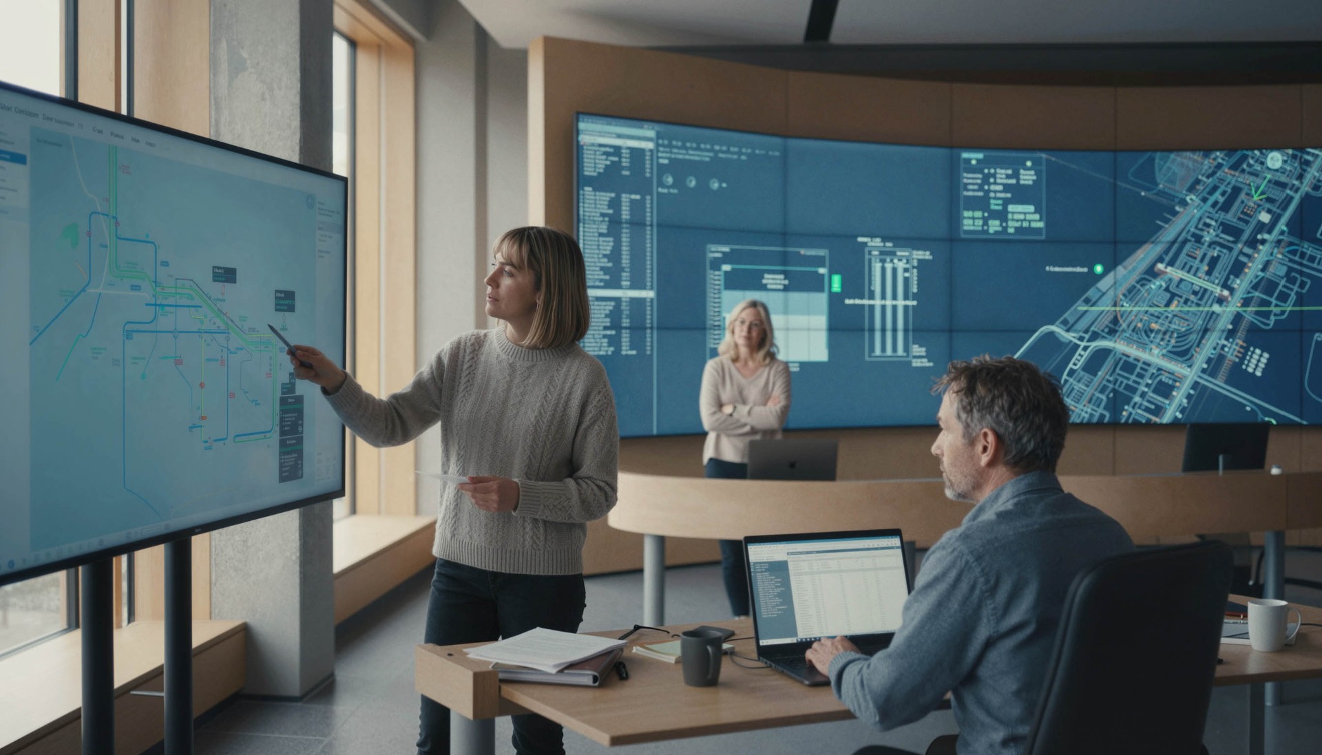 Operations team reviewing dashboards on large screens in an industrial control room