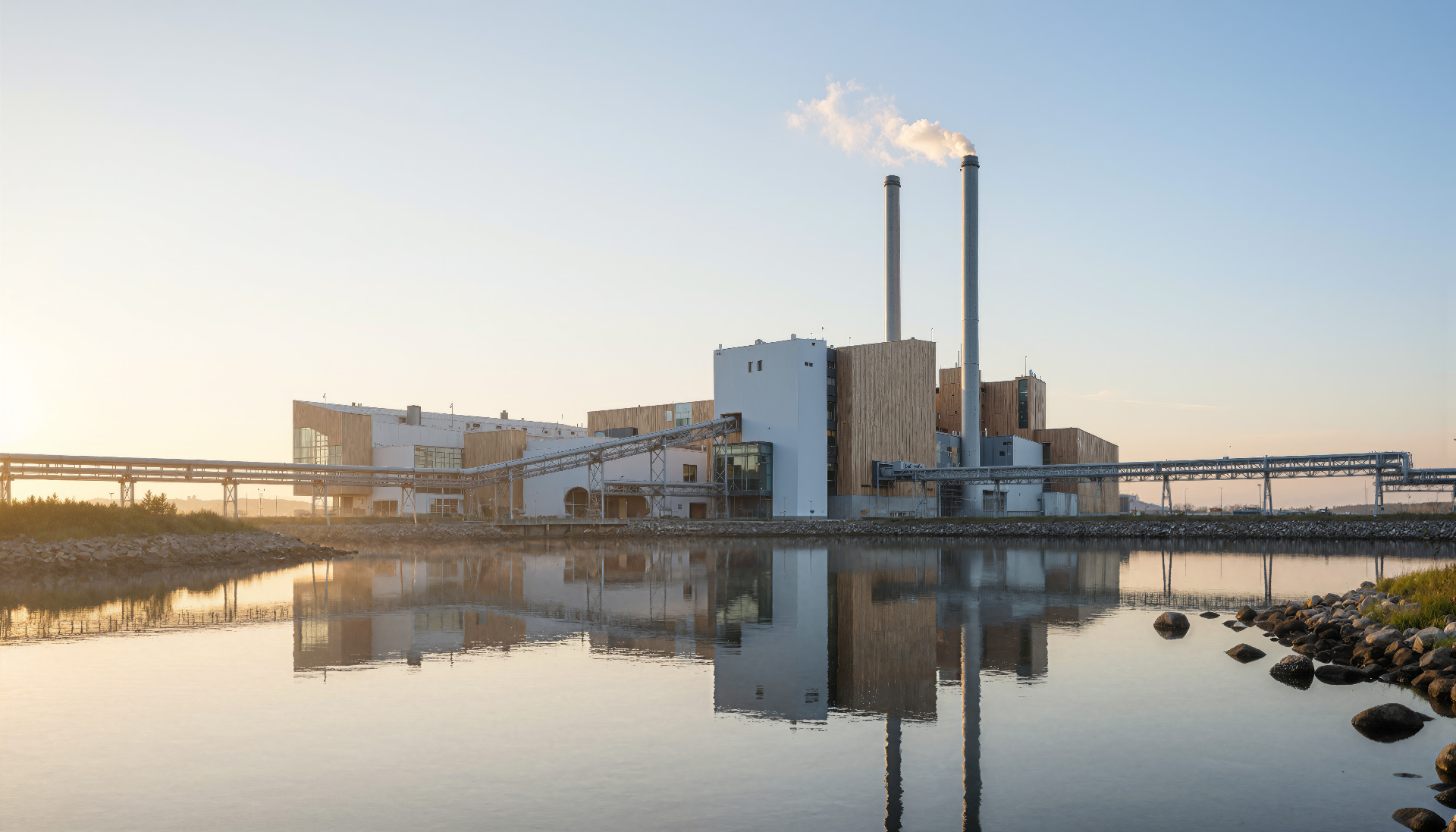 Industrial facility with chimneys reflected in calm water at sunrise