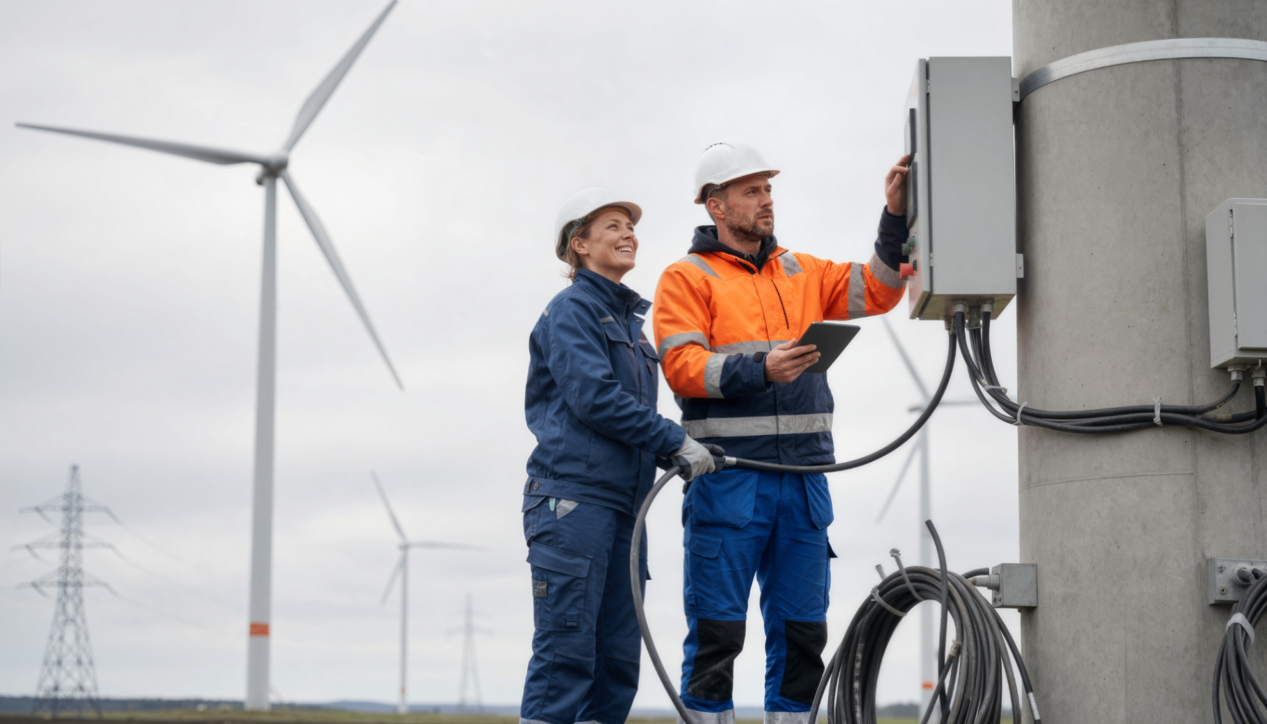 Two technicians inspecting equipment at the base of a wind turbine