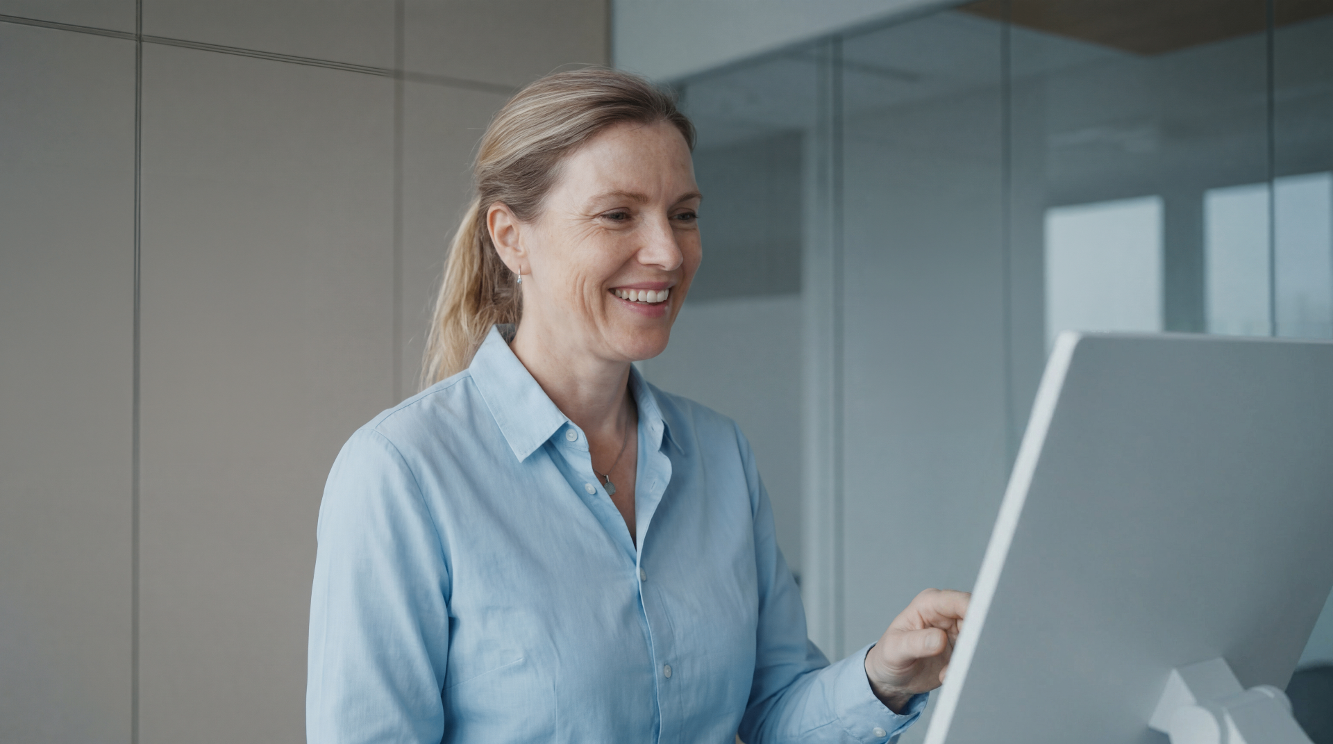 Operator reviewing production data on a touchscreen instrument in a Life Science facility