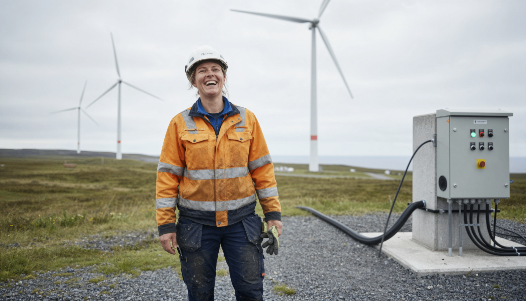 Wind farm technician smiling in front of turbines and a control cabinet