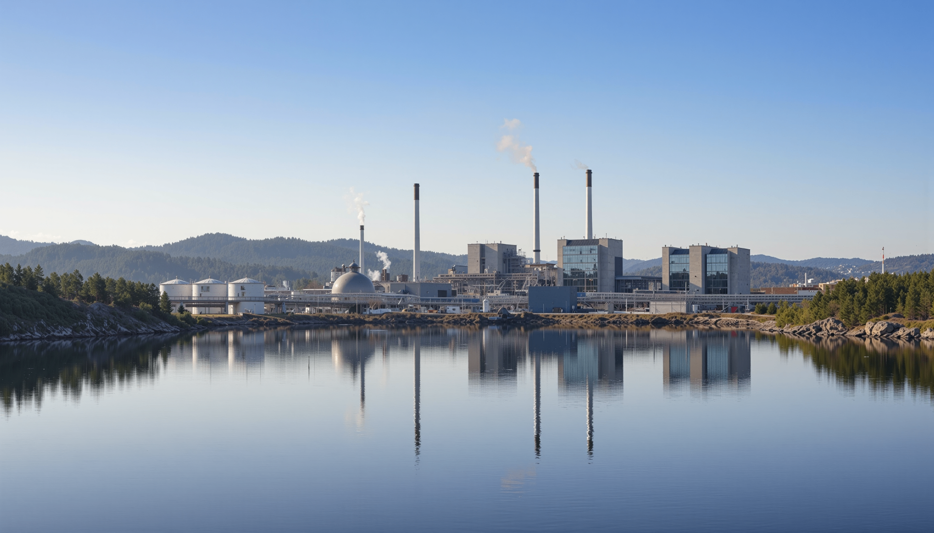 Industrial site reflected in calm water under a clear sky
